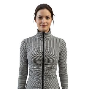 Bebe Sport Black & White Striped hood Jacket, Front/back/sleeve ruching Sz S